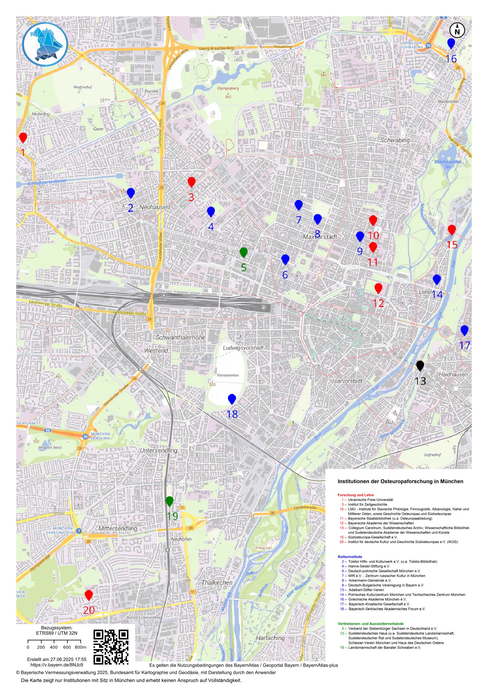 Karte der Stadt München, die relevante Institution der Osteuropastudien in der Gegenwart darstellt