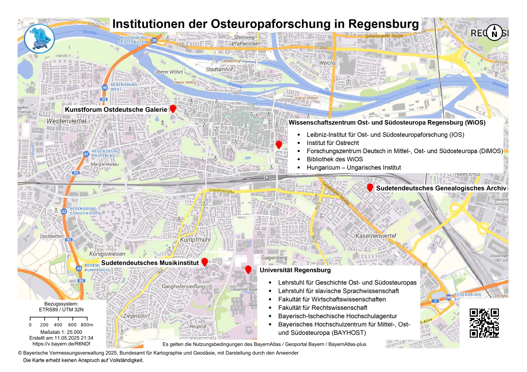 Karte der Stadt Regensburg, die relevante Institution der Osteuropastudien in der Gegenwart darstellt